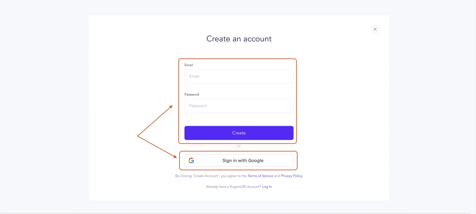 Account registration screen — email signup or Google login