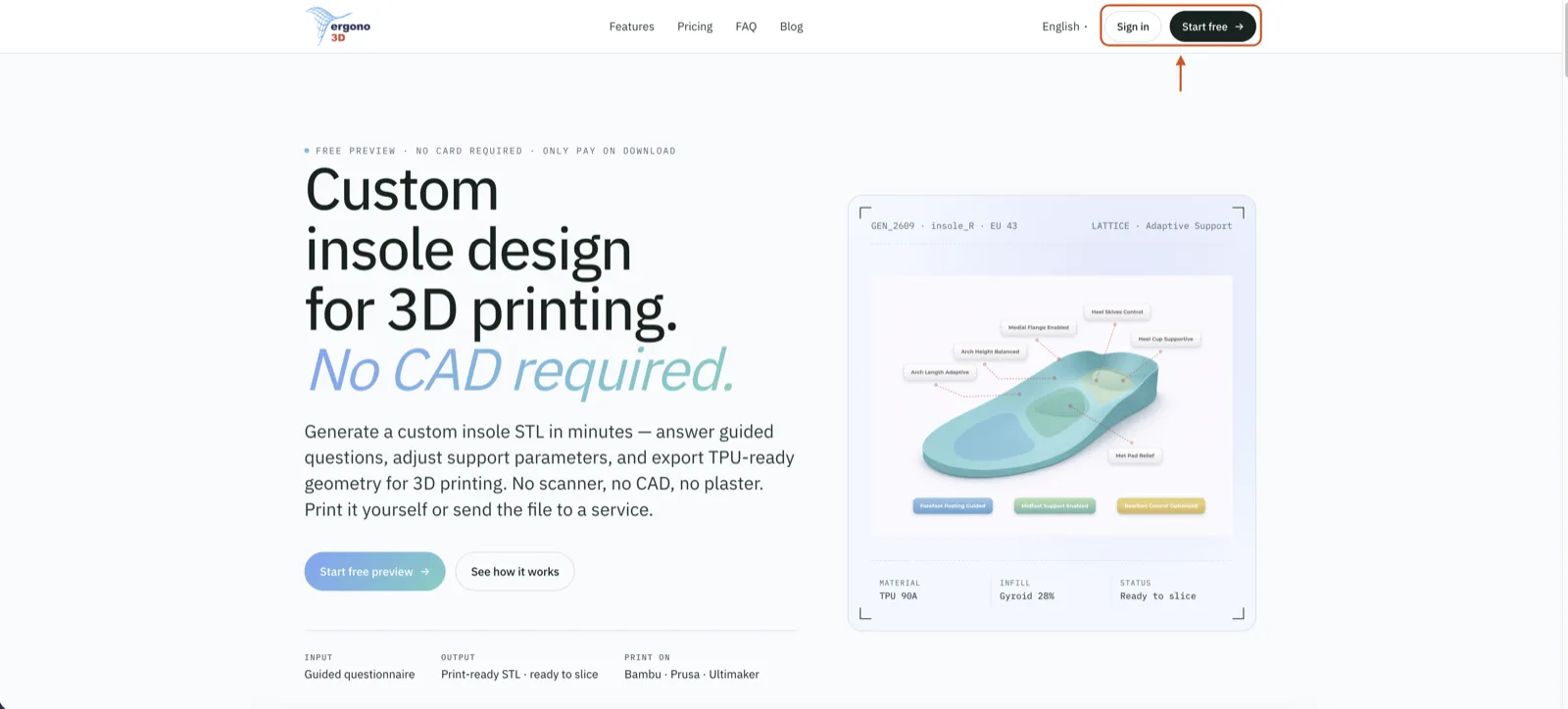 Ergono3D homepage with the Sign up entry highlighted