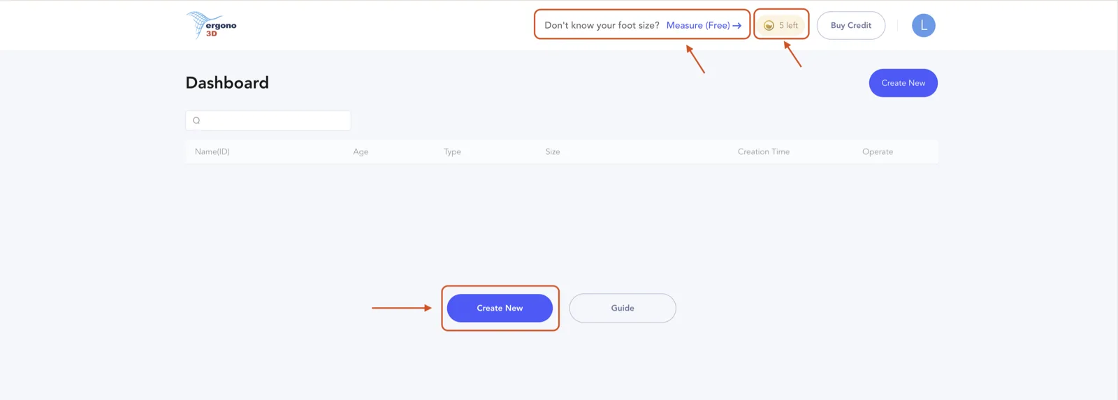 Dashboard with free credits, Create New button, and Measure tool link highlighted