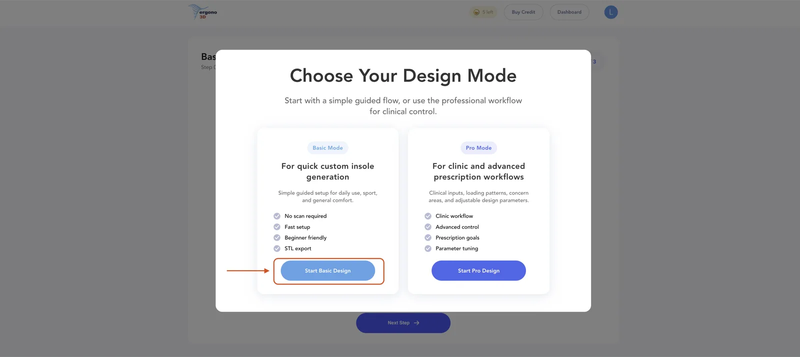 Design mode selection screen with Basic design highlighted