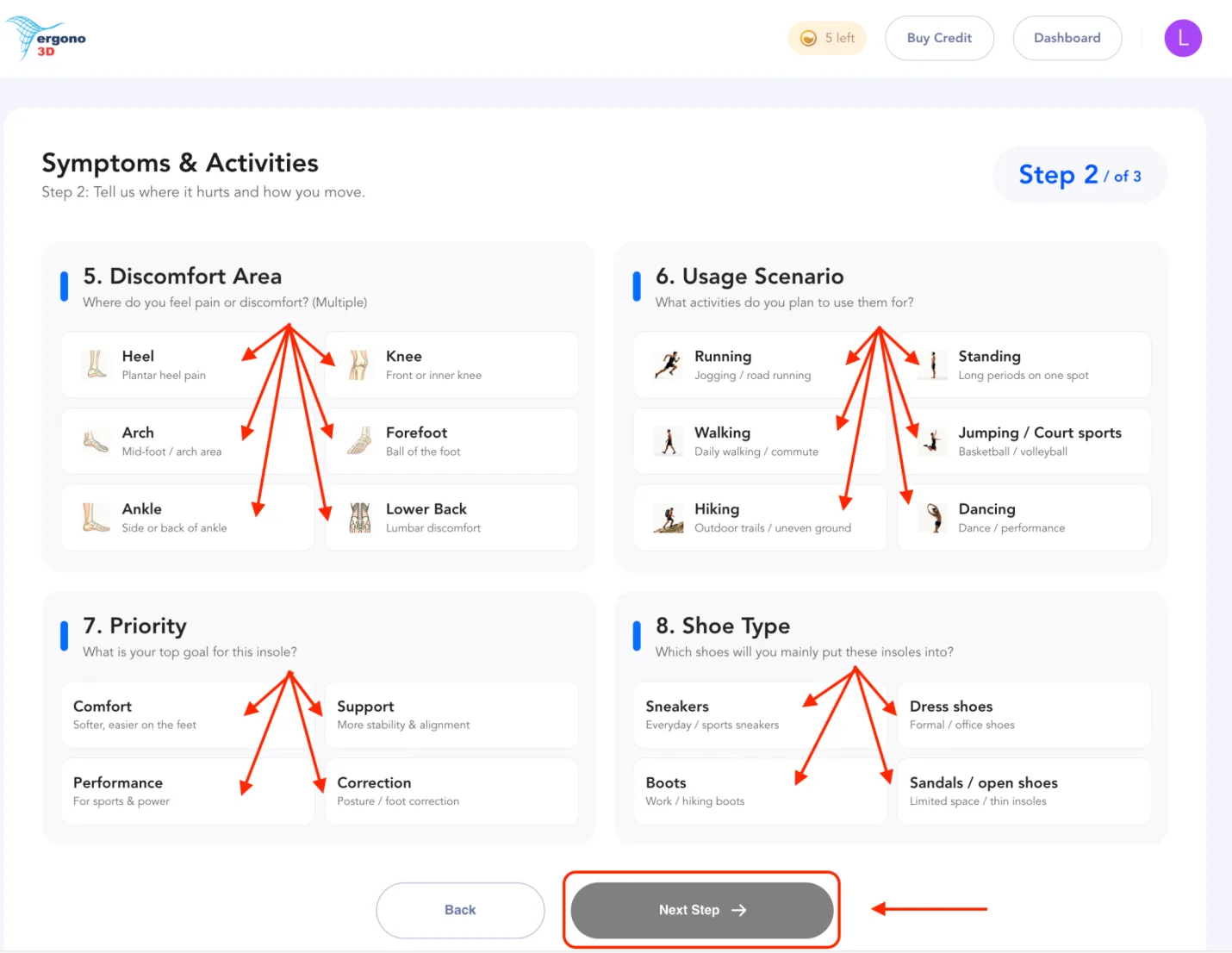 Symptoms and activities — discomfort areas, priority, usage scenarios, shoe type