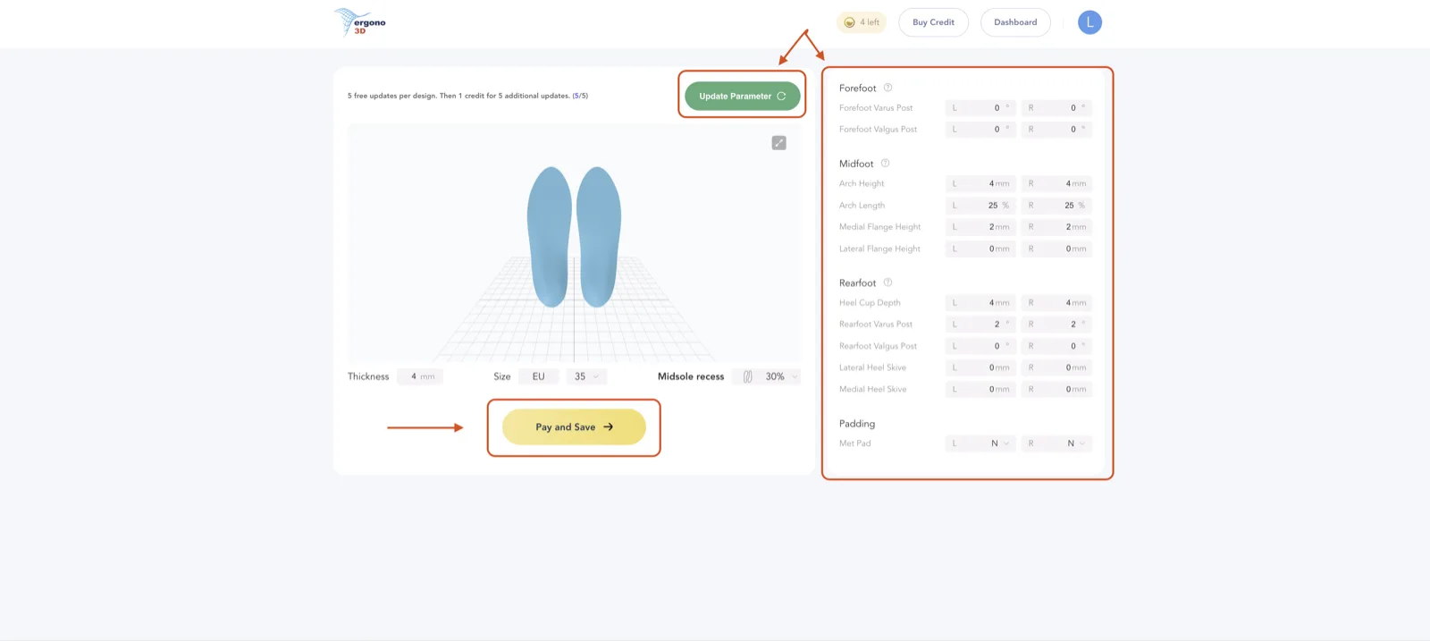 Output screen — 3D preview, advanced parameter panel, and update & download controls