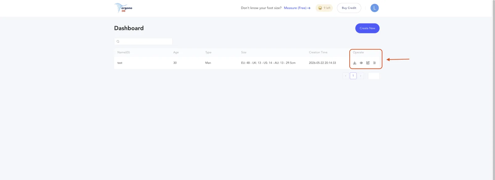 Dashboard with the Operate column highlighted — four action icons for download, preview, scale, and edit parameters
