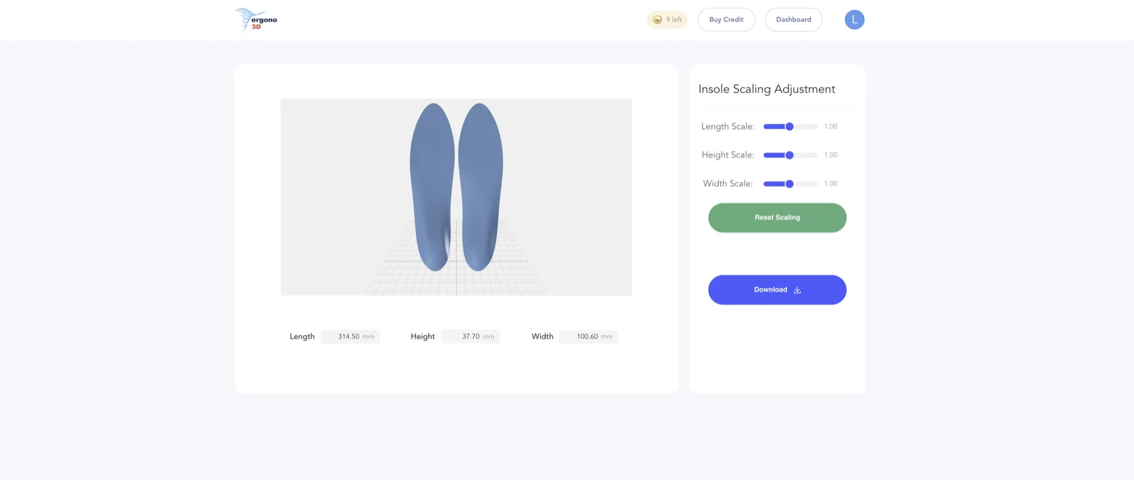 Insole scaling adjustment page — Length, Width, Height scales with live 3D preview and download