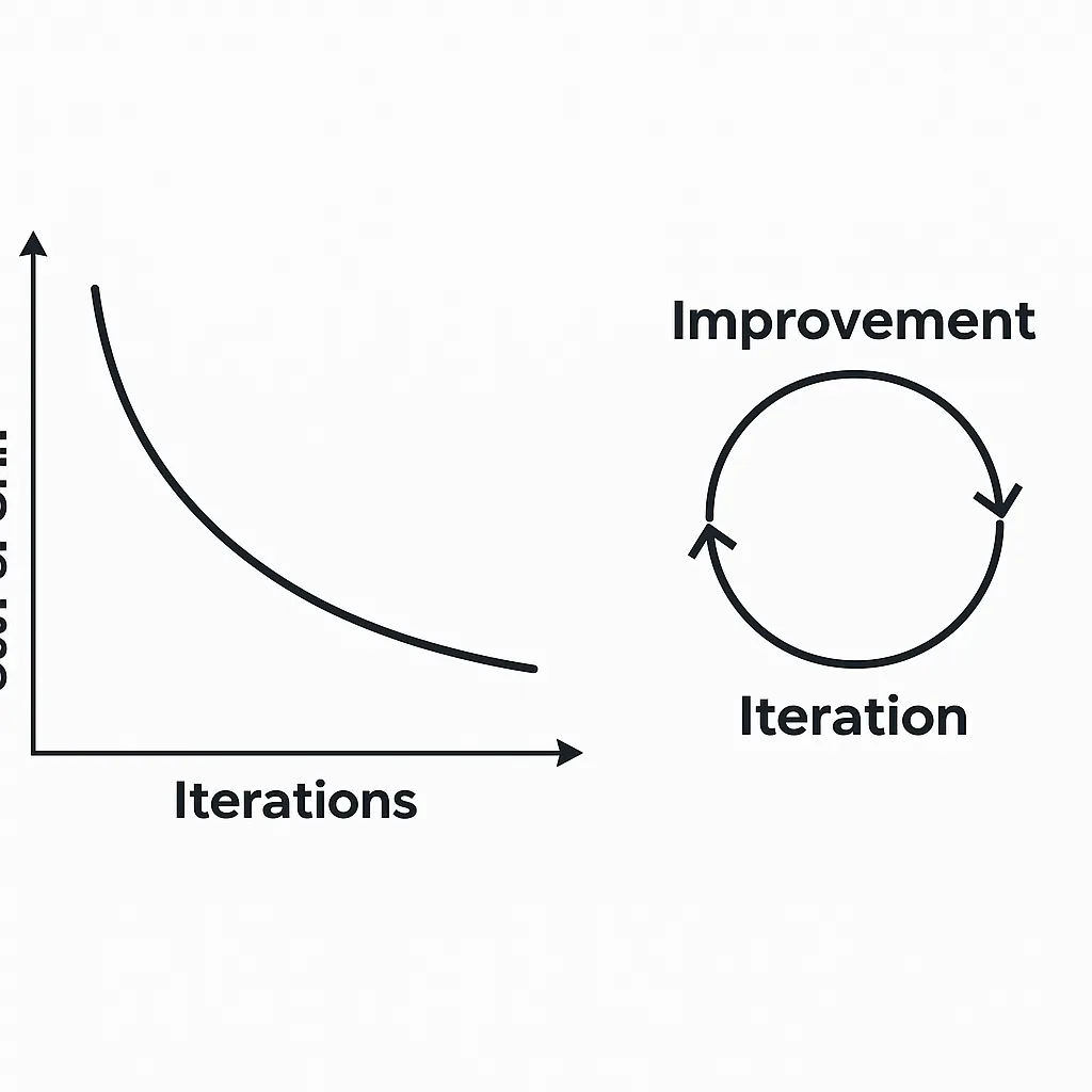 Iterative improvement curve showing how insole design quality improves through successive feedback cycles