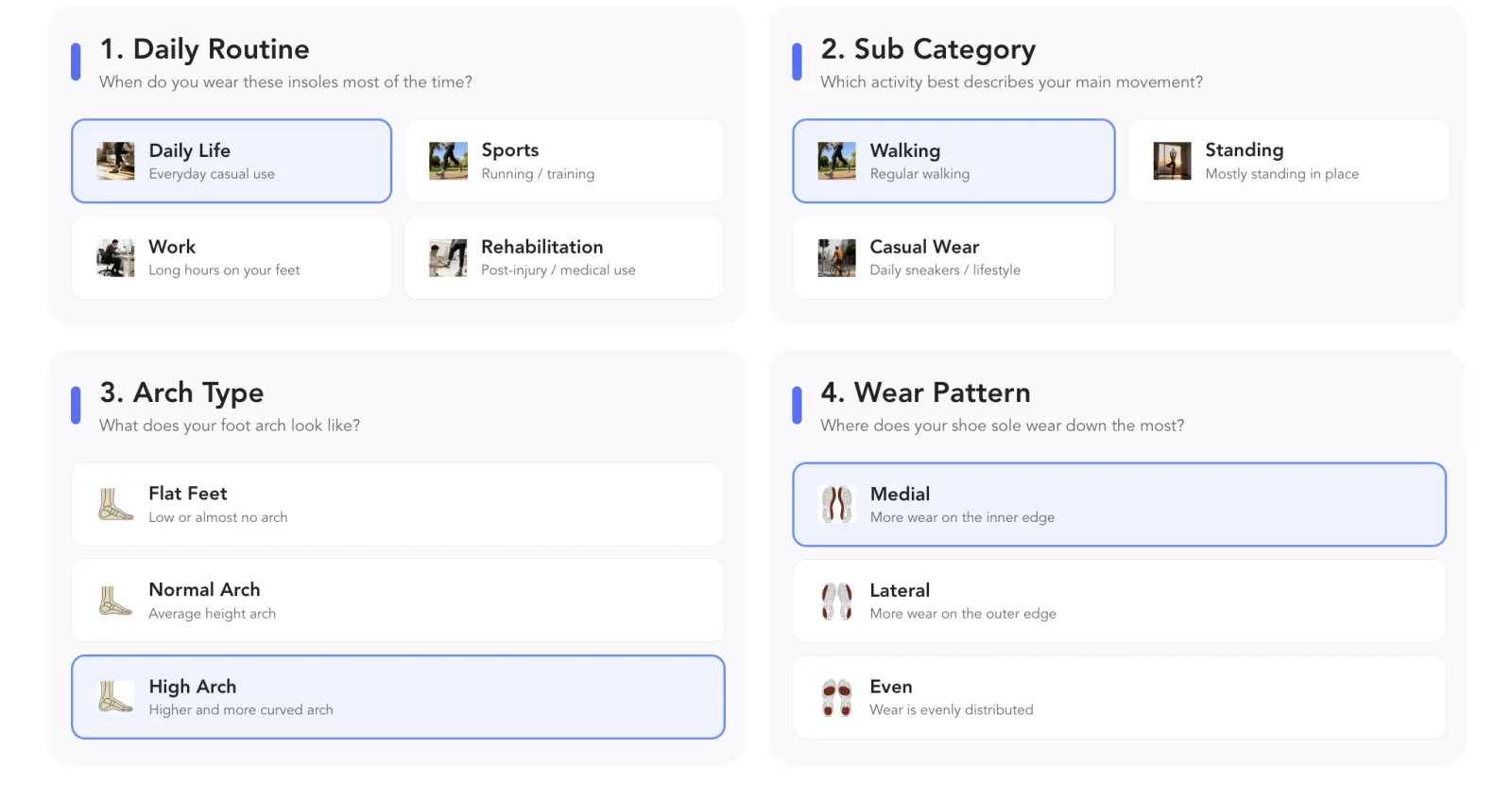 Ergono3D guided survey — daily routine, sub-category, arch type and wear pattern selected for a high-arched walker