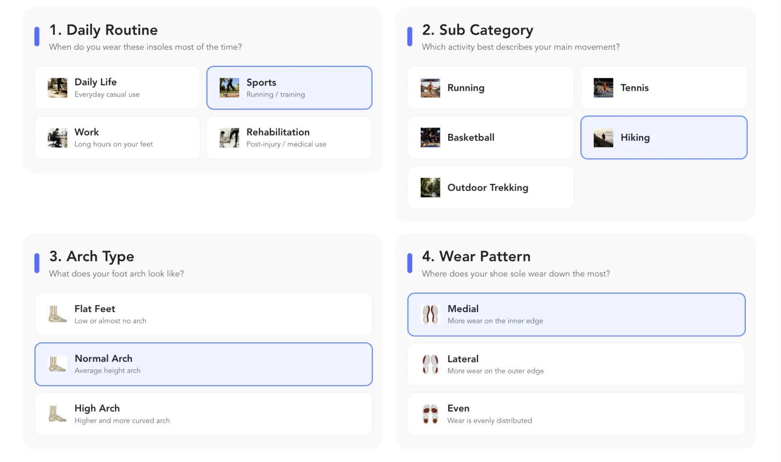Ergono3D guided survey — daily routine, sub-category, arch type and wear pattern selected for a hiker
