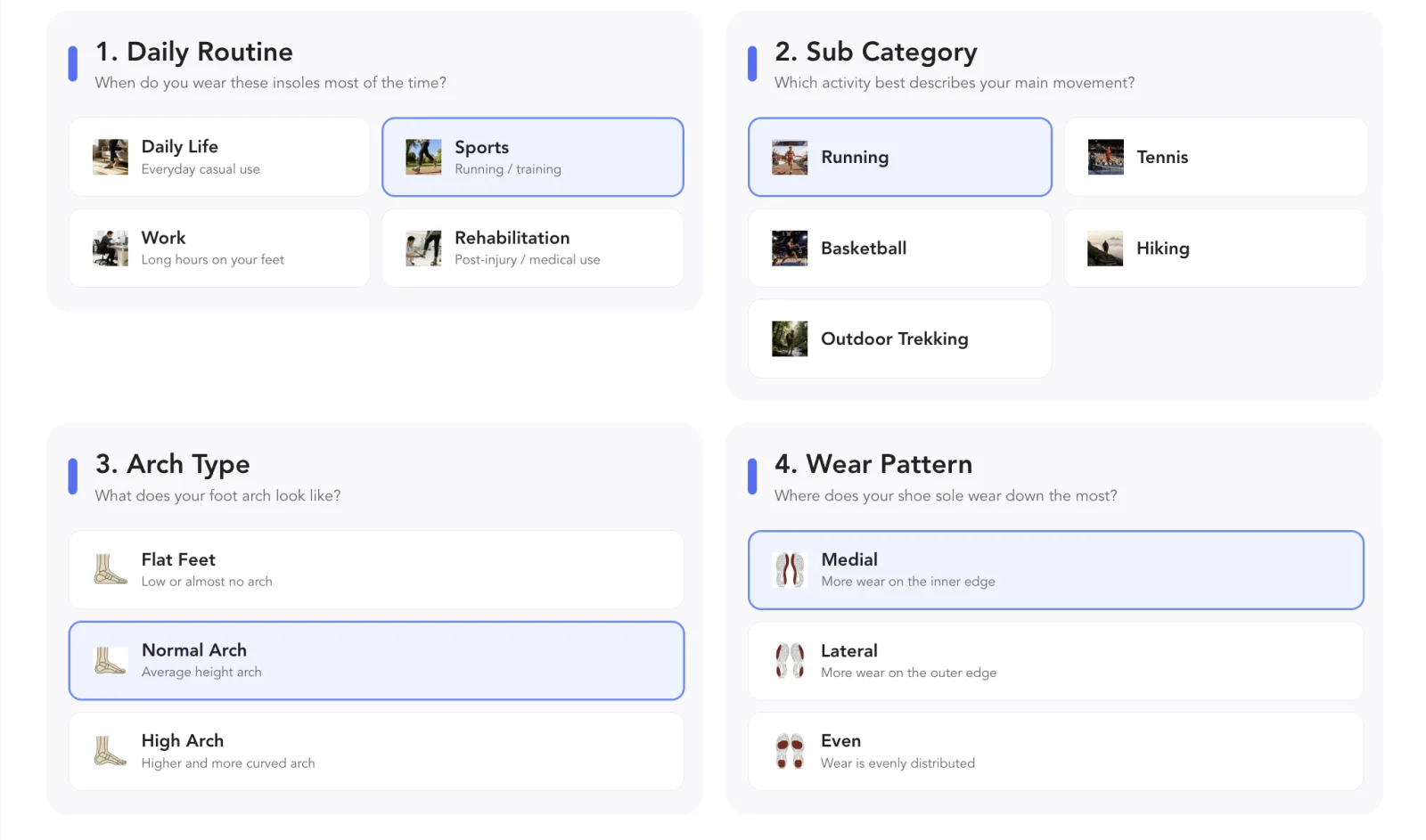 Ergono3D guided survey — daily routine, sub-category, arch type and wear pattern selected for a runner