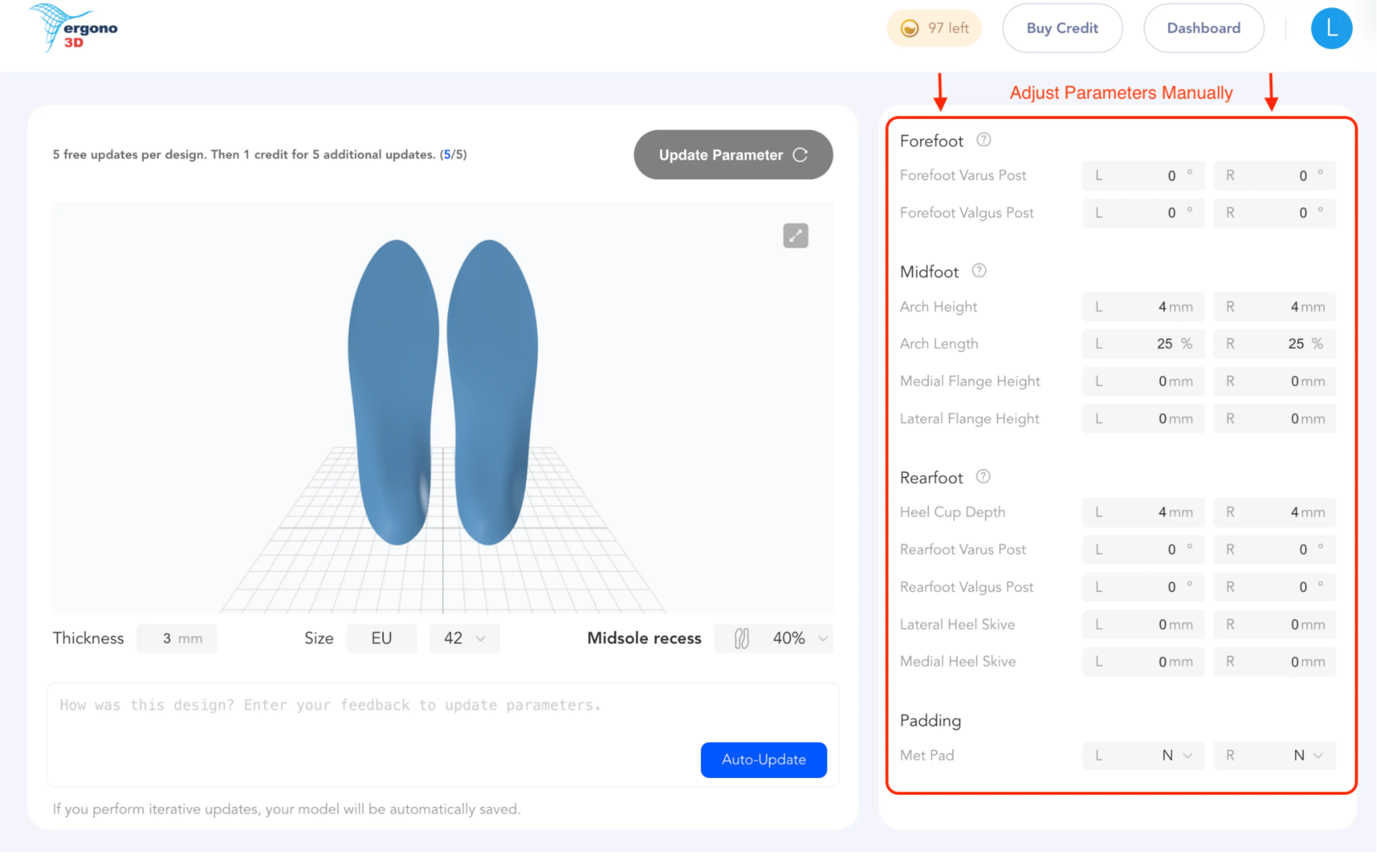 Manual parameter adjustment interface for advanced insole design control