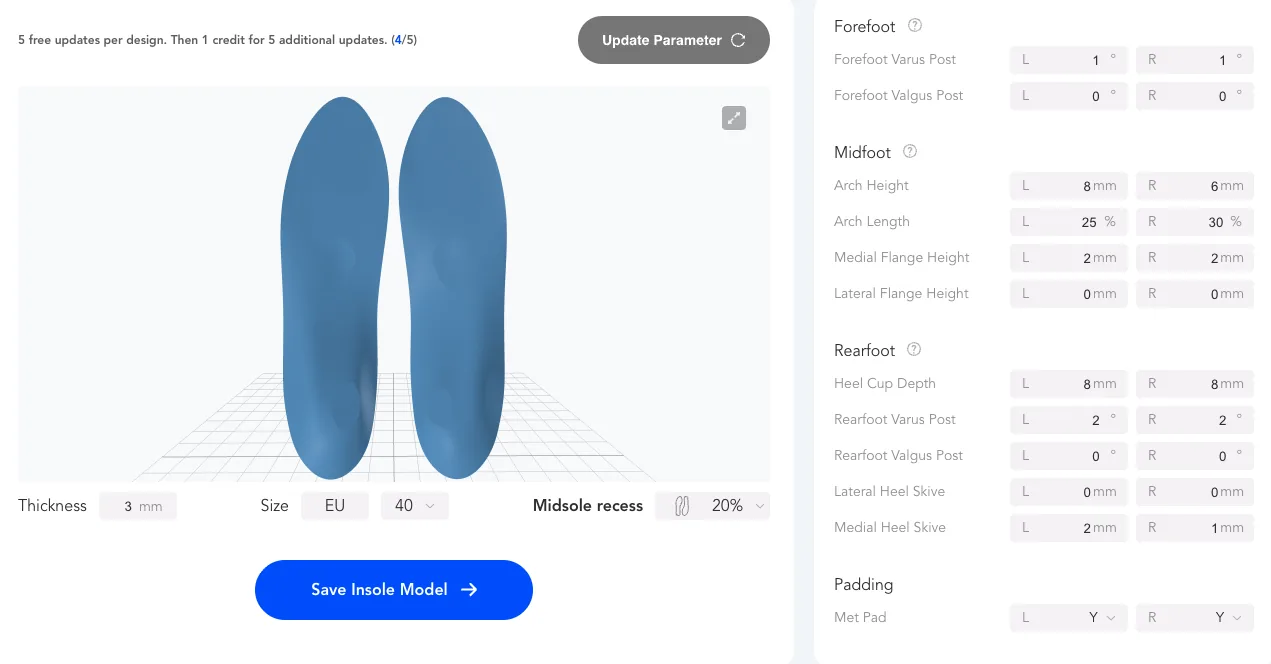 Ergono3D digital insole design interface showing a paired insole model and design parameters