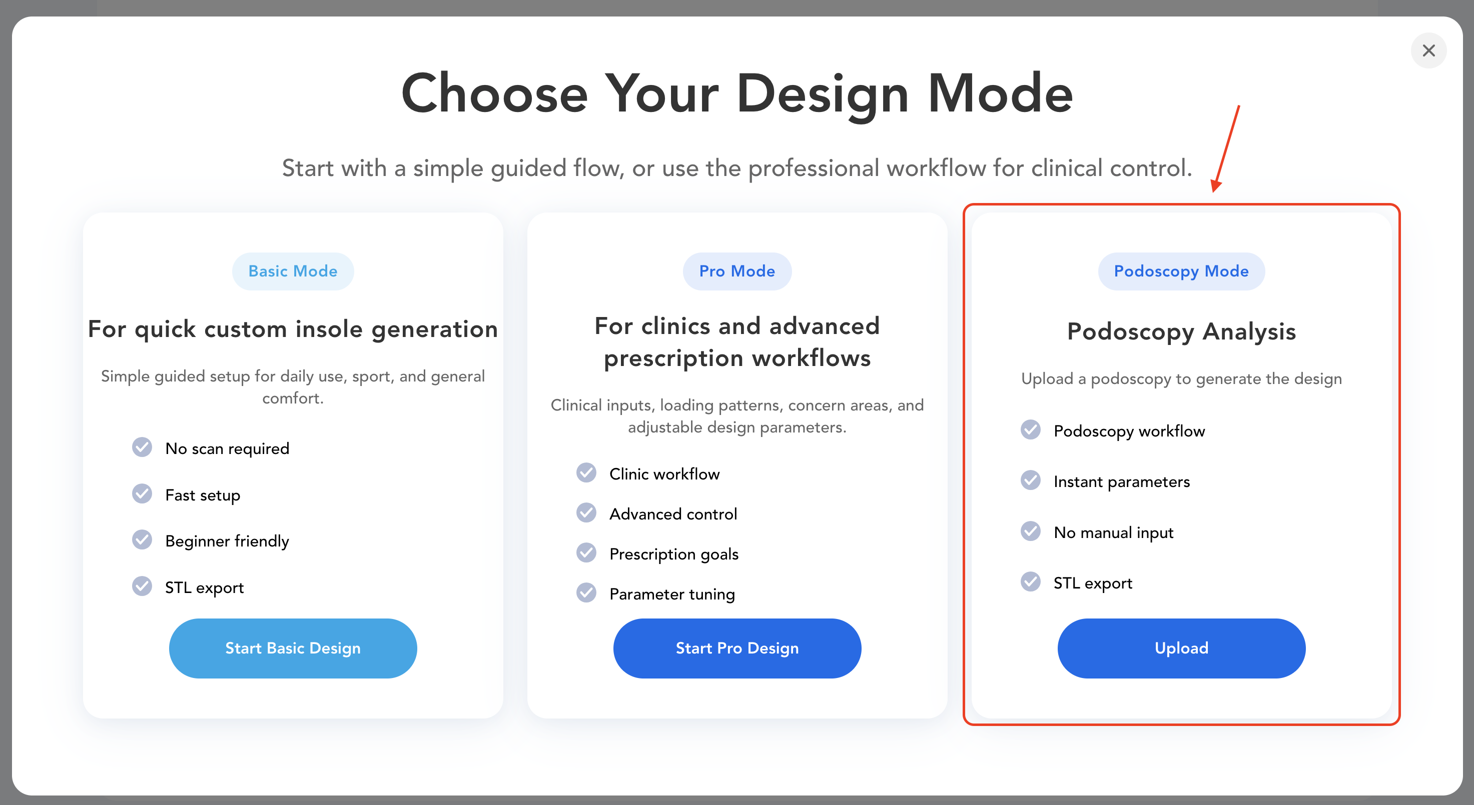 Ergono3D design mode selection with a dedicated Podoscopy Mode — upload a podoscopy to generate the design